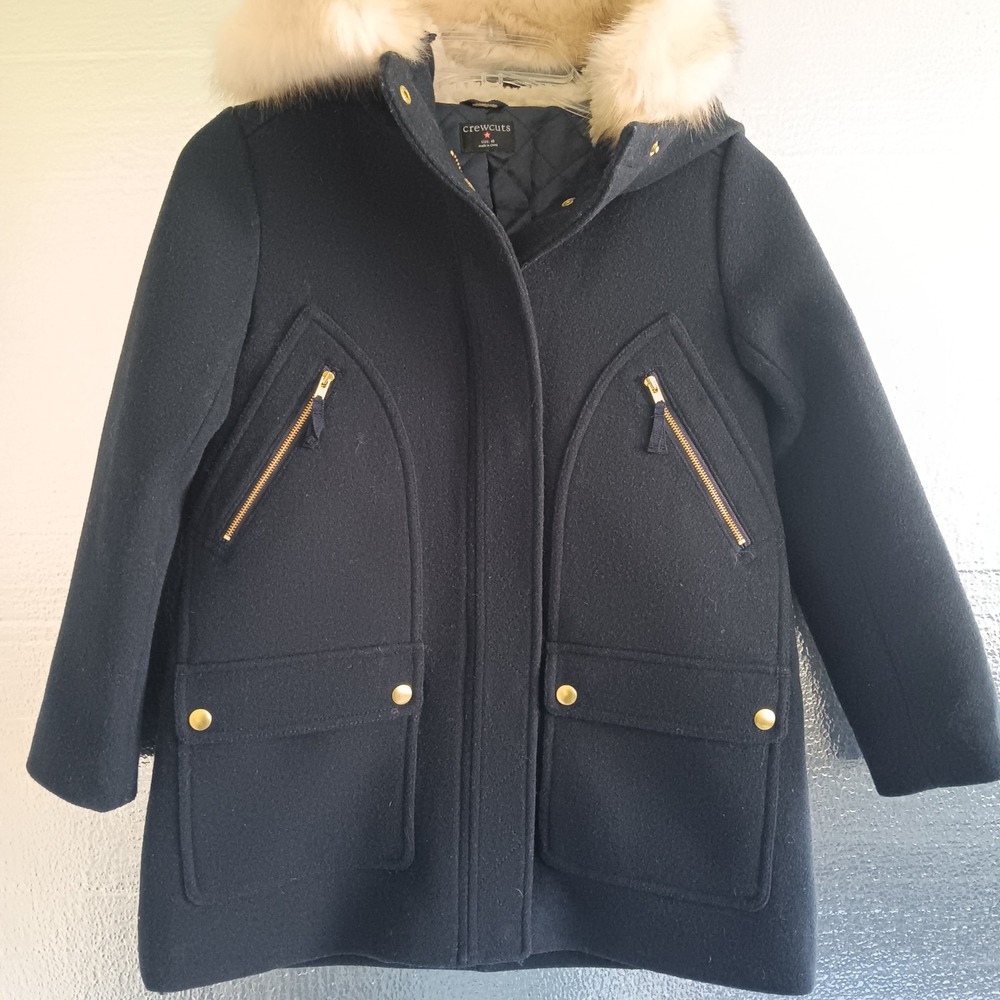 J.Crew Crewcuts Chateau Parka Kids 10 Navy Blue Wool Faux Fur Hood Coat BJ702
